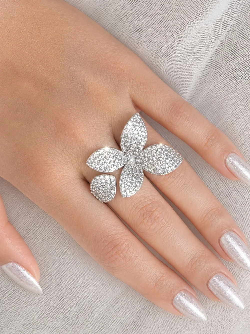 Glam luxury Silver Pave Floral Statement Ring